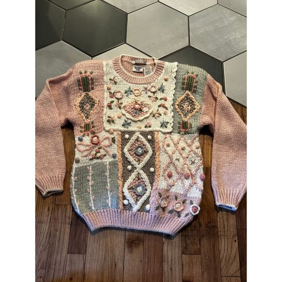cottagecore sweater 80s vintage pastel pink peach floral embroidered  hand knit - Picture 1 of 5